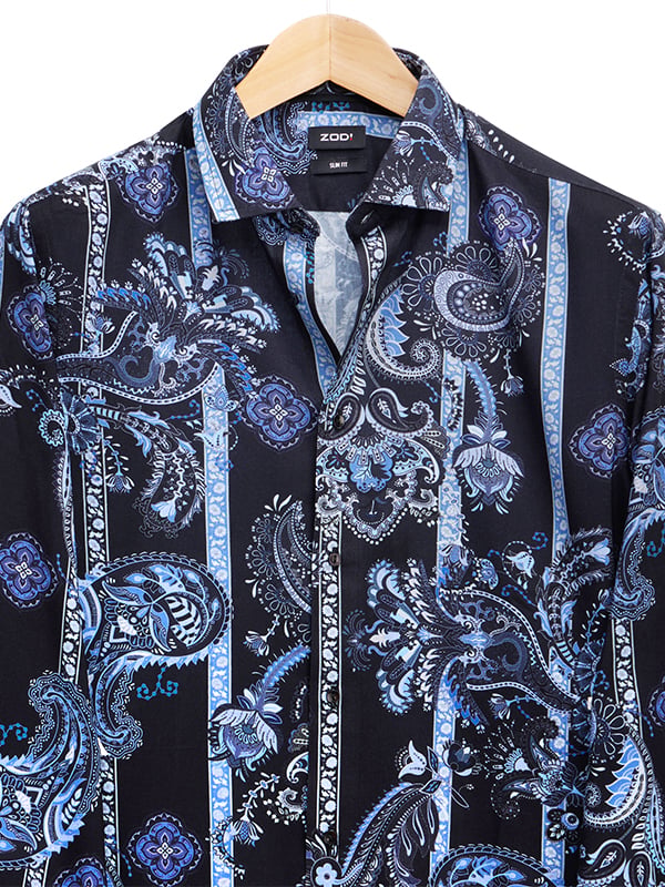 Silvano Blue Printed Full Sleeve Single Cuff Slim Fit Party Wear Viscose Shirt