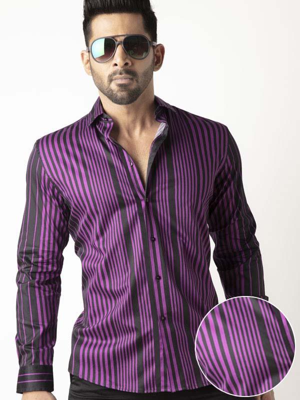 Sinaloa Purple Striped Full Sleeve Single Cuff Slim Fit Party Wear Blended Shirt