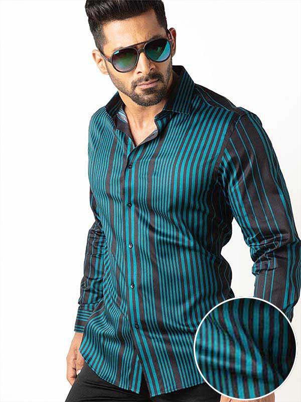 Sinaloa Teal Striped Full Sleeve Single Cuff Slim Fit Party Wear Blended Shirt