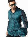 Sinaloa Teal Striped Full Sleeve Single Cuff Slim Fit Party Wear Blended Shirt