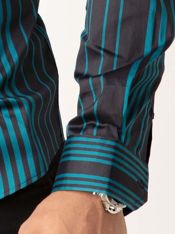 Sinaloa Teal Striped Full Sleeve Single Cuff Slim Fit Party Wear Blended Shirt