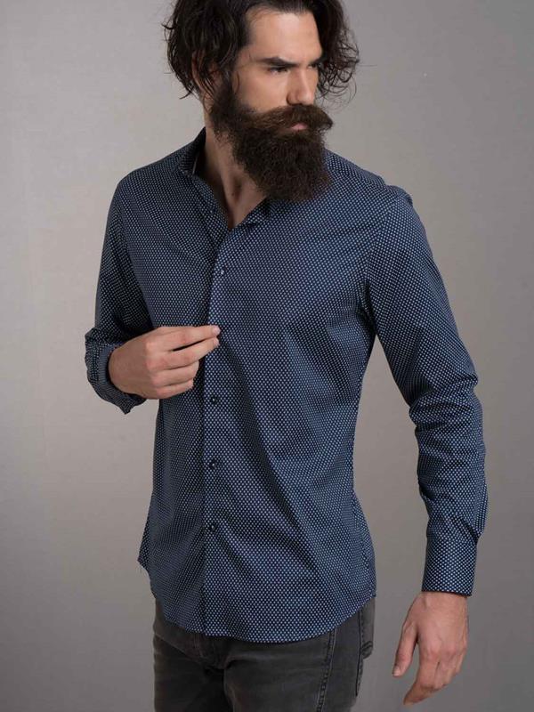 Sirena Navy Printed Full Sleeve Single Cuff Slim Fit Party Wear Blended Shirt
