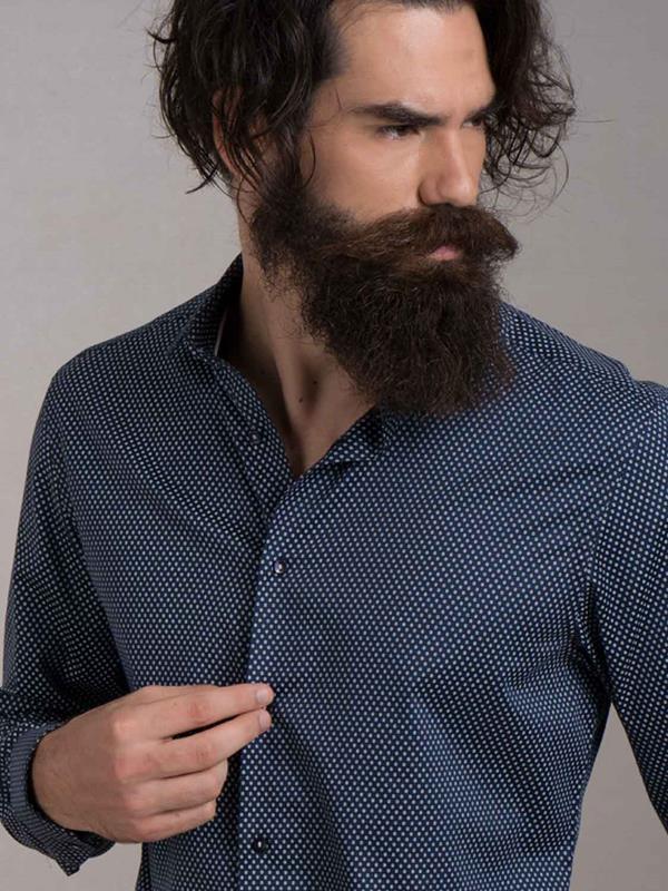 Sirena Navy Printed Full Sleeve Single Cuff Slim Fit Party Wear Blended Shirt