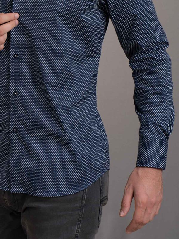 Sirena Navy Printed Full Sleeve Single Cuff Slim Fit Party Wear Blended Shirt