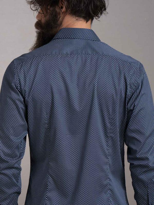 Sirena Navy Printed Full Sleeve Single Cuff Slim Fit Party Wear Blended Shirt
