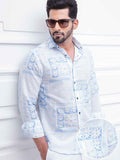 Skrillex Blue Printed Full Sleeve Single Cuff Slim Fit Party Wear Blended Shirt