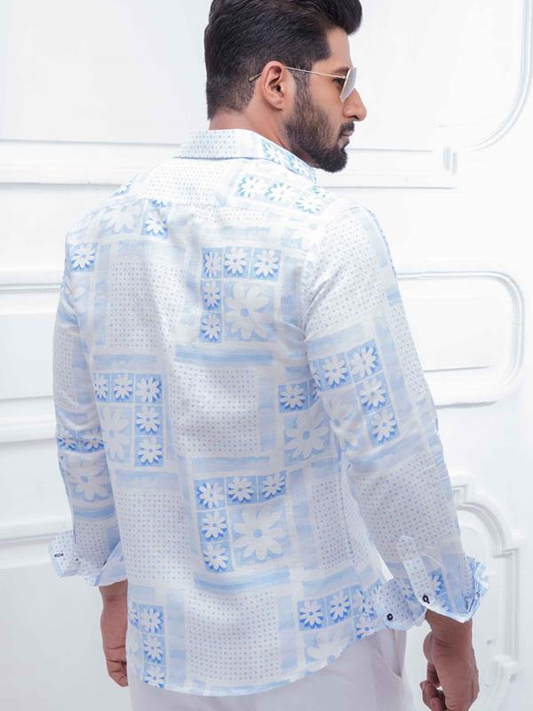 Skrillex Blue Printed Full Sleeve Single Cuff Slim Fit Party Wear Blended Shirt
