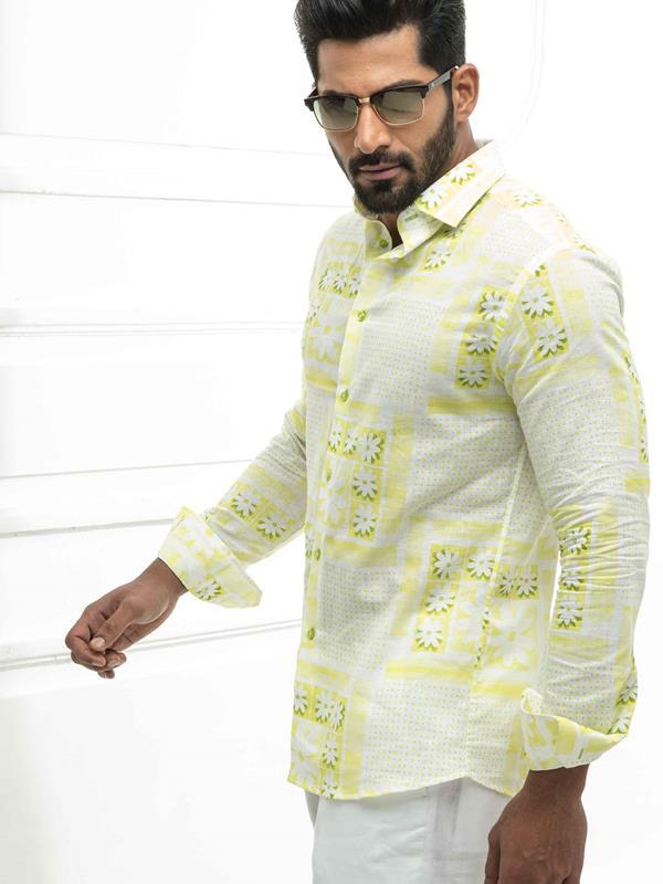 Skrillex Green Printed Full Sleeve Single Cuff Slim Fit Party Wear Blended Shirt