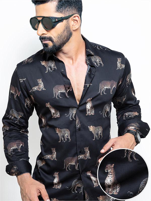 Snoop Black Printed Full Sleeve Single Cuff Slim Fit Party Wear Blended Shirt