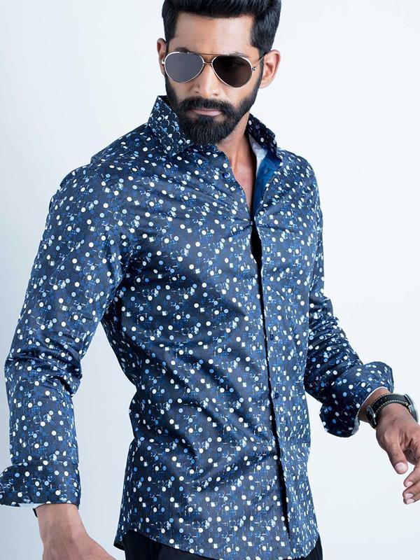 Solomon Cobalt Printed Full Sleeve Single Cuff Slim Fit Party Wear Blended Shirt