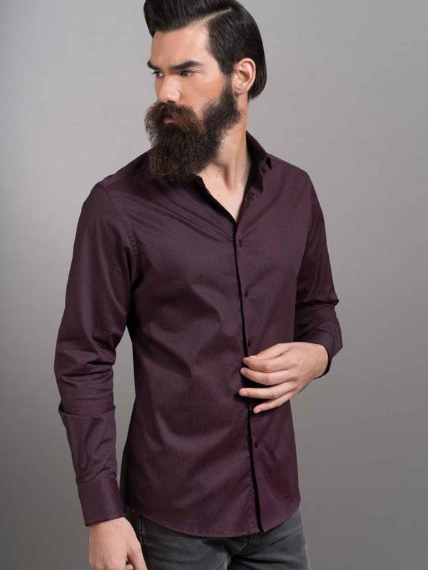 Sortie Burgundy Printed Full Sleeve Single Cuff Slim Fit Party Wear Blended Shirt