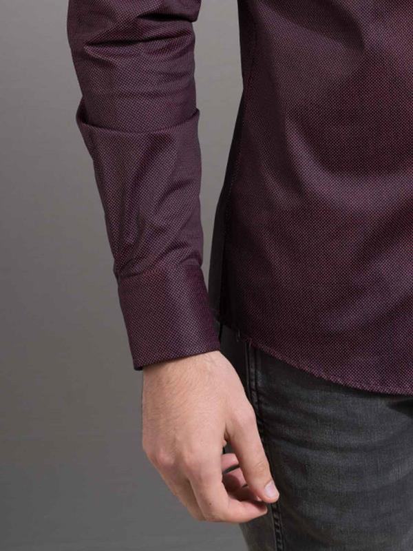 Sortie Burgundy Printed Full Sleeve Single Cuff Slim Fit Party Wear Blended Shirt