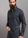 Sortie Dark Grey Printed Full Sleeve Single Cuff Slim Fit Party Wear Blended Shirt