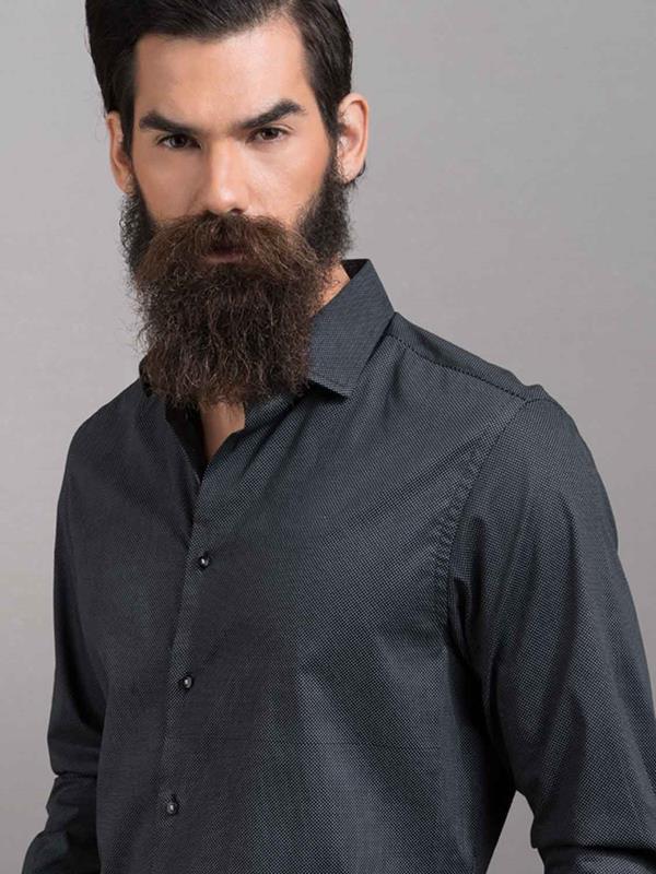Sortie Dark Grey Printed Full Sleeve Single Cuff Slim Fit Party Wear Blended Shirt