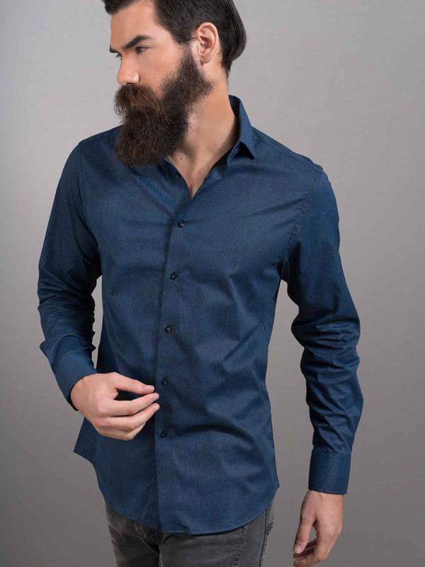 Sortie Navy Printed Full Sleeve Single Cuff Slim Fit Party Wear Blended Shirt