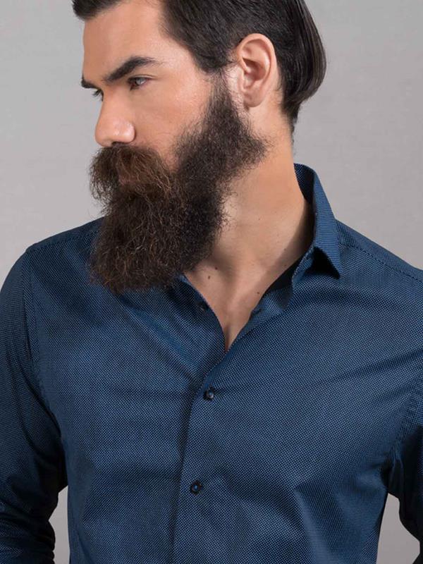 Sortie Navy Printed Full Sleeve Single Cuff Slim Fit Party Wear Blended Shirt