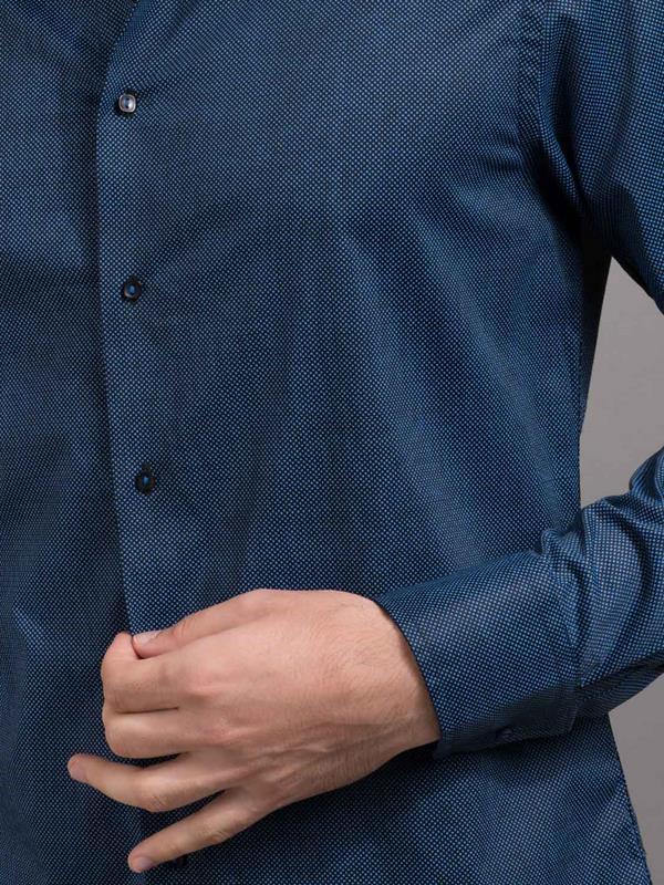Sortie Navy Printed Full Sleeve Single Cuff Slim Fit Party Wear Blended Shirt