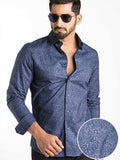 Sparks Blue Printed Full Sleeve Single Cuff Slim Fit Party Wear Blended Shirt