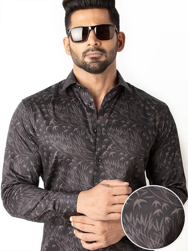 Stannis Brown Printed Full Sleeve Single Cuff Slim Fit Party Wear Blended Shirt