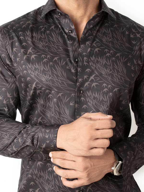 Stannis Brown Printed Full Sleeve Single Cuff Slim Fit Party Wear Blended Shirt