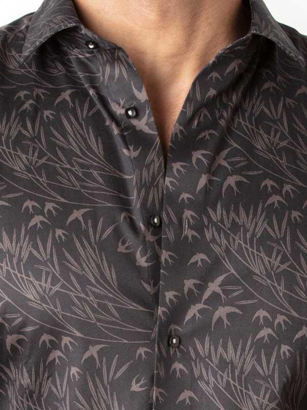Stannis Brown Printed Full Sleeve Single Cuff Slim Fit Party Wear Blended Shirt