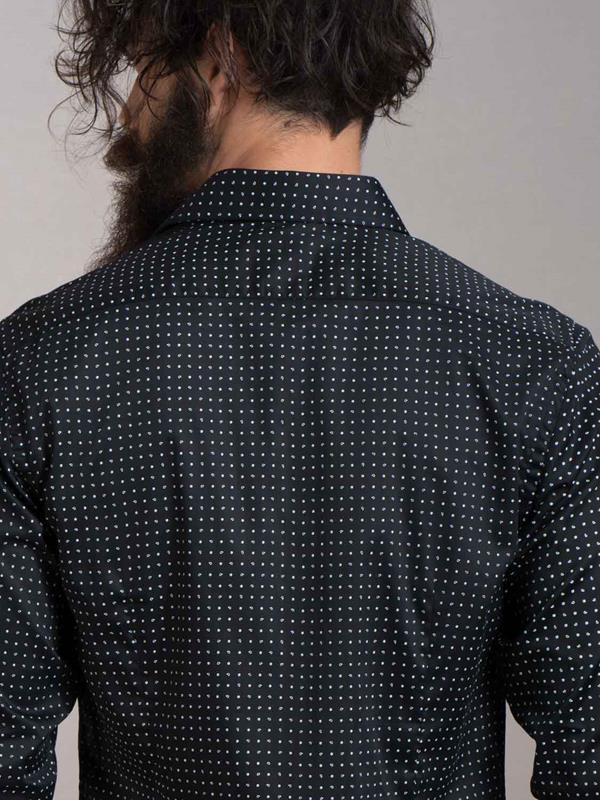 Suada Black Printed Full Sleeve Single Cuff Slim Fit Party Wear Blended Shirt