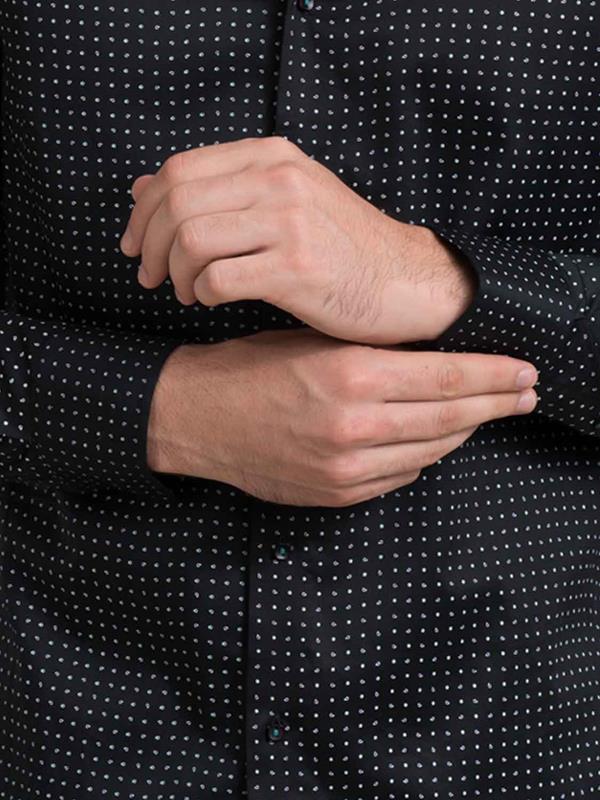 Suada Black Printed Full Sleeve Single Cuff Slim Fit Party Wear Blended Shirt