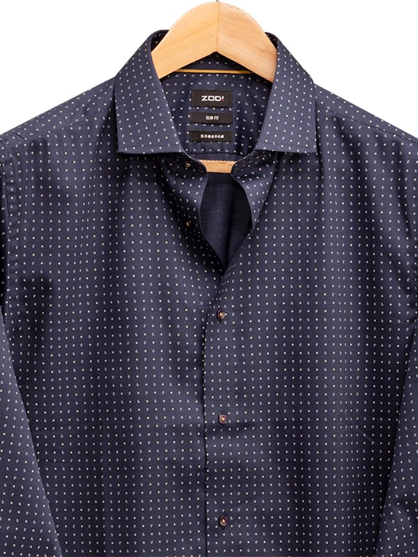 Suada Navy Printed Full Sleeve Single Cuff Slim Fit Party Wear Blended Shirt