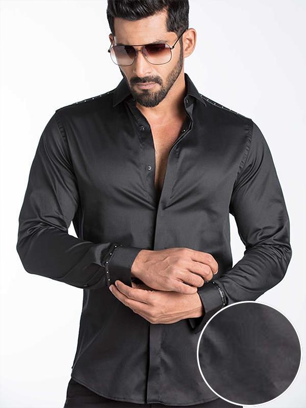 Swanky Black Solid Full Sleeve Single Cuff Slim Fit Party Wear Blended Shirt