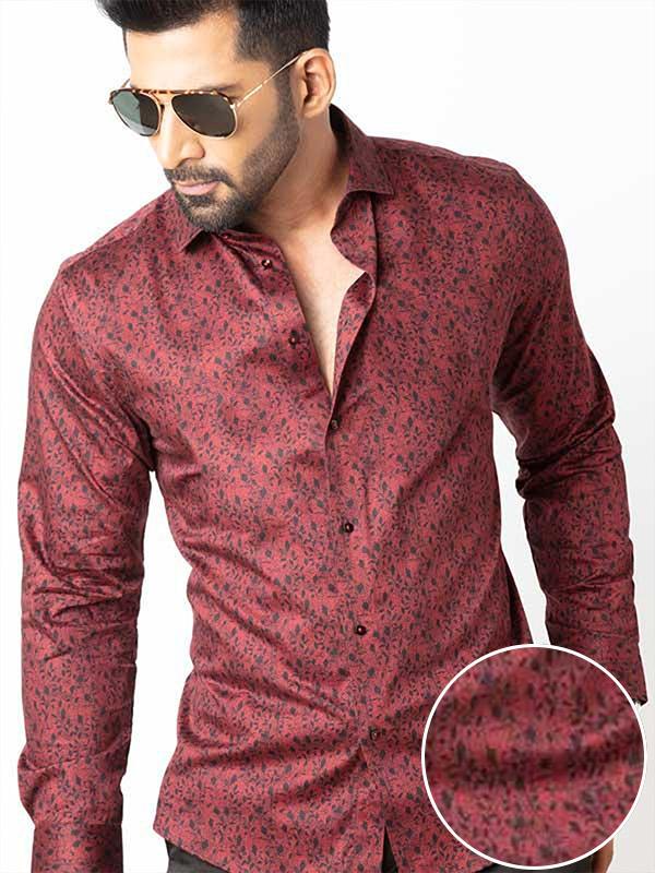 Theon Burgundy Printed Full Sleeve Single Cuff Slim Fit Party Wear Blended Shirt