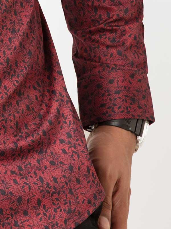 Theon Burgundy Printed Full Sleeve Single Cuff Slim Fit Party Wear Blended Shirt