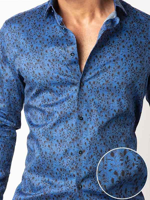 Theon Cobalt Printed Full Sleeve Single Cuff Slim Fit Party Wear Blended Shirt