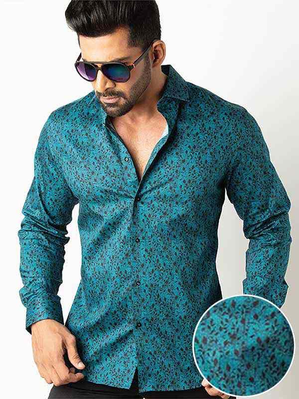 Theon Teal Printed Full Sleeve Single Cuff Slim Fit Party Wear Blended Shirt