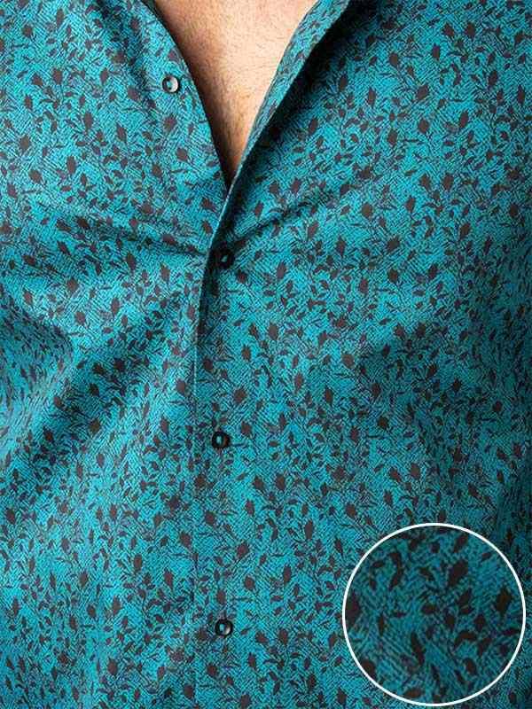 Theon Teal Printed Full Sleeve Single Cuff Slim Fit Party Wear Blended Shirt