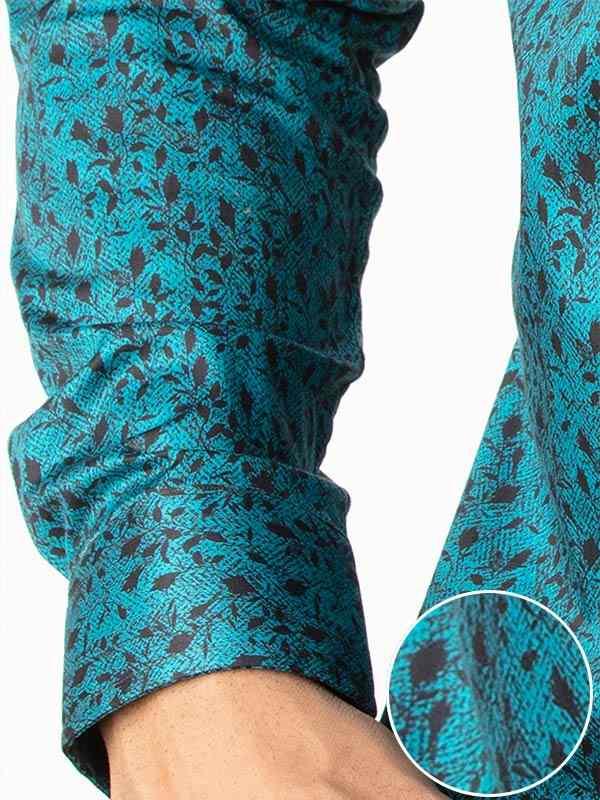 Theon Teal Printed Full Sleeve Single Cuff Slim Fit Party Wear Blended Shirt