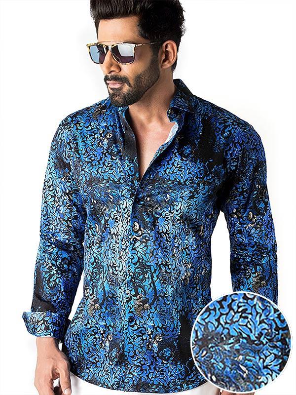 Tijuana Cobalt Printed Full Sleeve Single Cuff Slim Fit Party Wear Blended Shirt