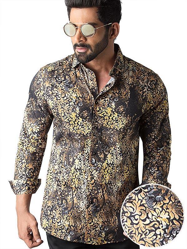 Tijuana Ochre Printed Full Sleeve Single Cuff Slim Fit Party Wear Blended Shirt