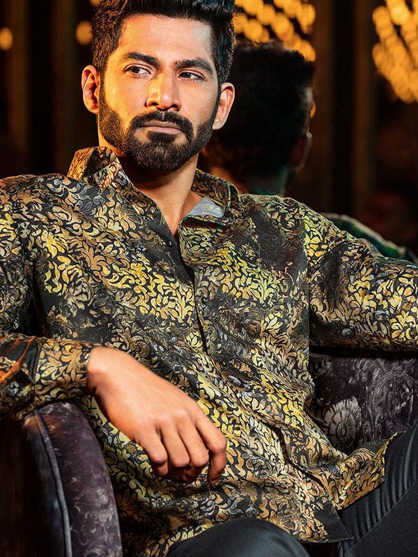 Tijuana Ochre Printed Full Sleeve Single Cuff Slim Fit Party Wear Blended Shirt