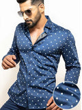 Timberlake Navy Printed Full Sleeve Single Cuff Slim Fit Party Wear Blended Shirt