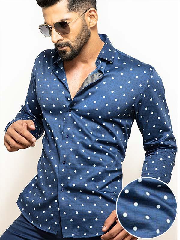 Timberlake Navy Printed Full Sleeve Single Cuff Slim Fit Party Wear Blended Shirt