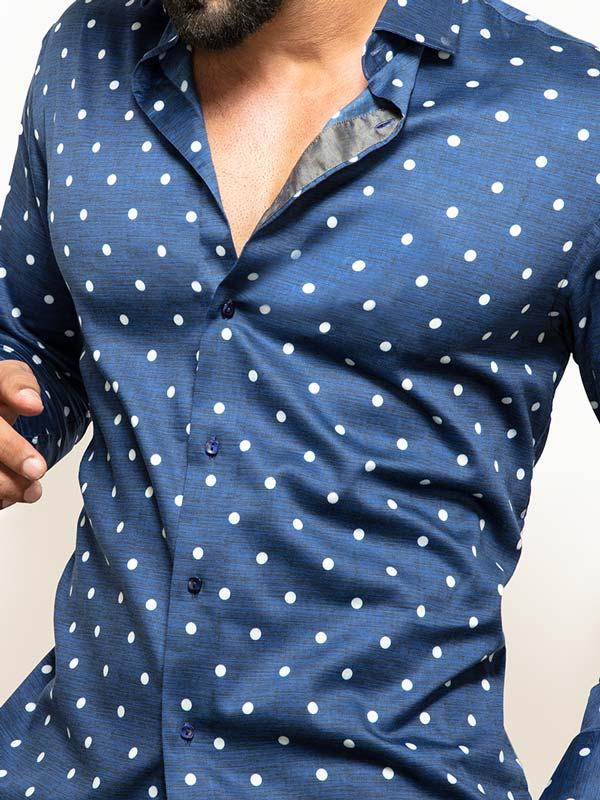 Timberlake Navy Printed Full Sleeve Single Cuff Slim Fit Party Wear Blended Shirt