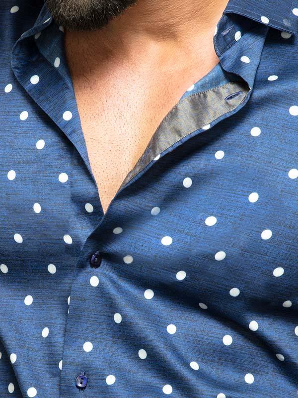 Timberlake Navy Printed Full Sleeve Single Cuff Slim Fit Party Wear Blended Shirt