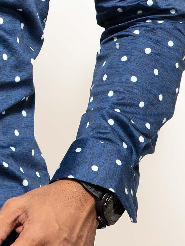Timberlake Navy Printed Full Sleeve Single Cuff Slim Fit Party Wear Blended Shirt