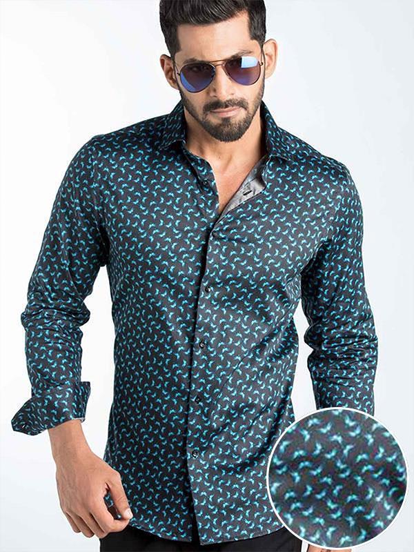 Timmi Blue Printed Full Sleeve Single Cuff Slim Fit Party Wear Blended Shirt