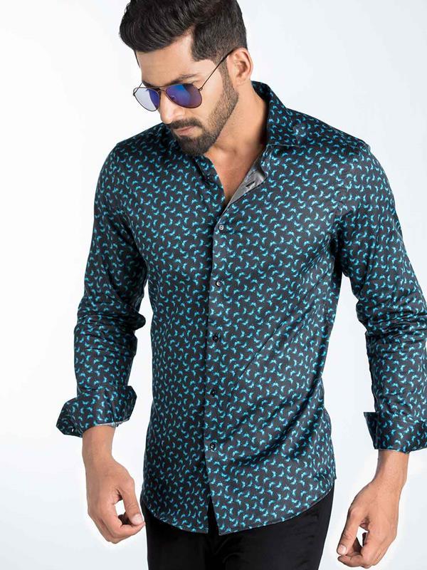 Timmi Blue Printed Full Sleeve Single Cuff Slim Fit Party Wear Blended Shirt