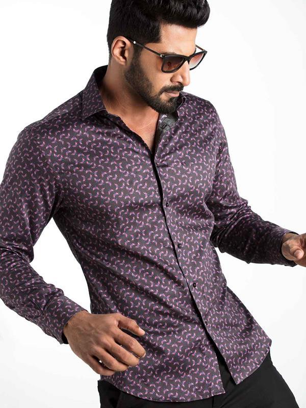Timmi Purple Printed Full Sleeve Single Cuff Slim Fit Party Wear Blended Shirt