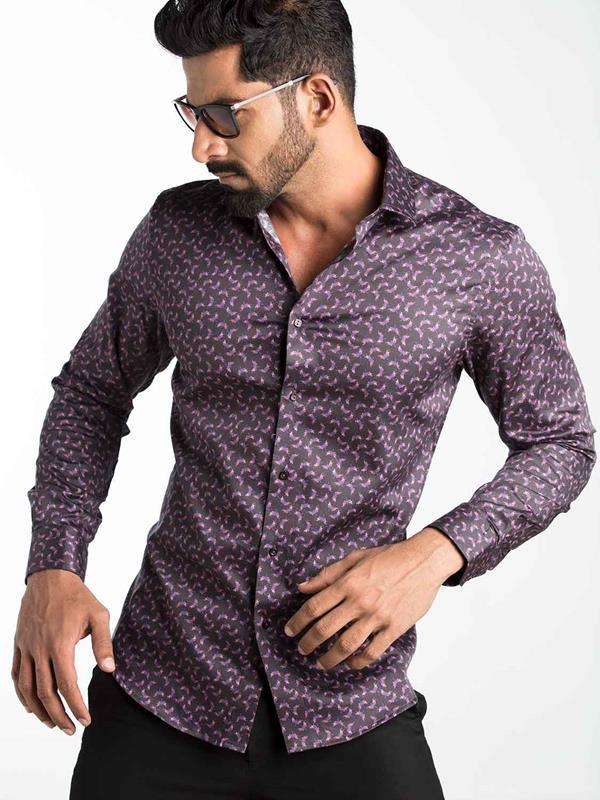 Timmi Purple Printed Full Sleeve Single Cuff Slim Fit Party Wear Blended Shirt