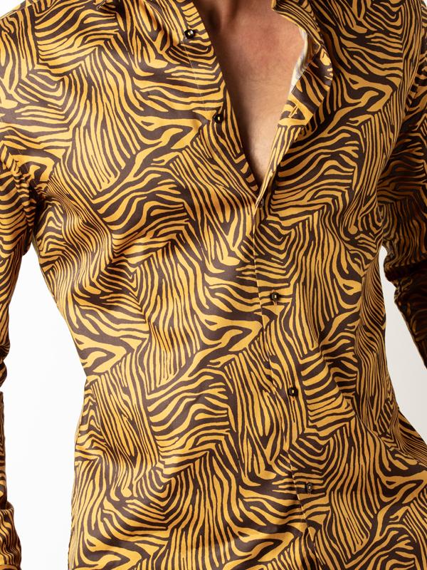 Tommen Ochre Printed Full Sleeve Single Cuff Slim Fit Party Wear Blended Shirt