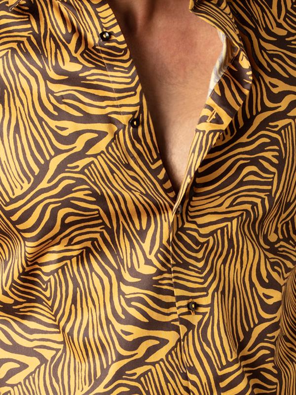 Tommen Ochre Printed Full Sleeve Single Cuff Slim Fit Party Wear Blended Shirt