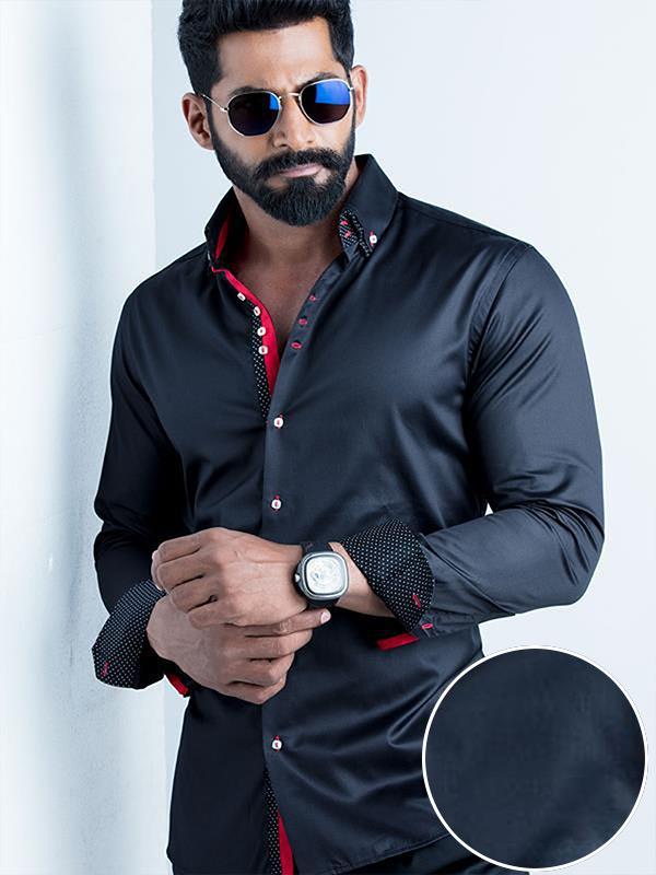 Tryst Black Solid Full Sleeve Slim Fit Party Wear Cotton Shirt